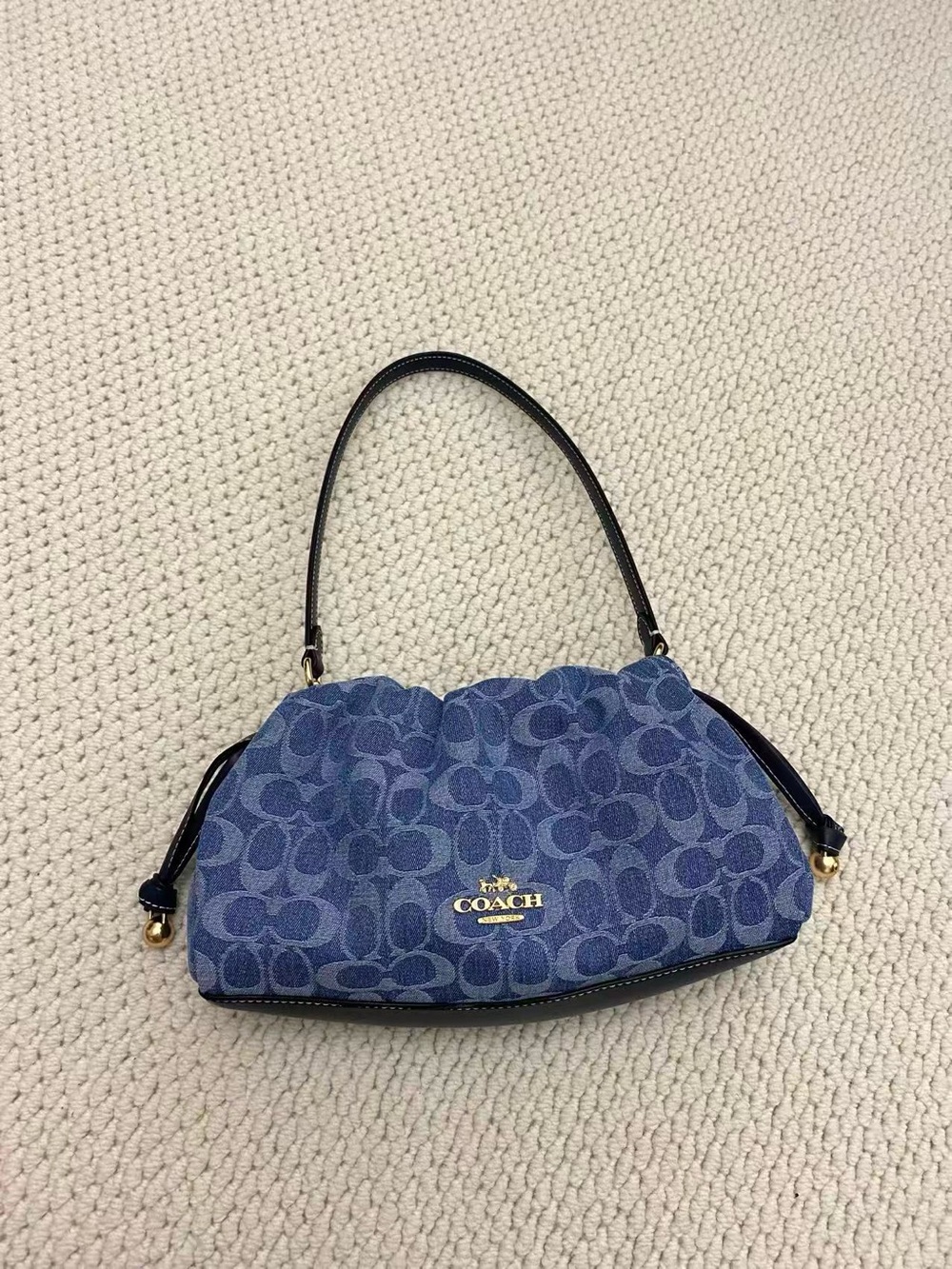 Coach Blue Signature Monogram Ruched Shoulder Bagel